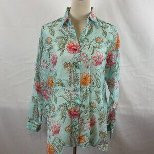 Bella Tu Floral Blouse M Blue Pink Green Orange Floral Button Front Long Sleeve